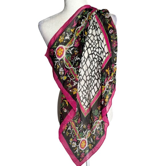 Vintage Carlisle Silk Scarf Black Pink Floral Abstract Print 29 x 31 in Square - Picture 2 of 5